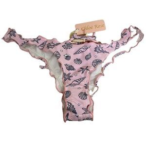 Chloe' Rose Pink Ruffled Cheeky Bikini Bottom Sea Shells Back Ruched Tie NEW